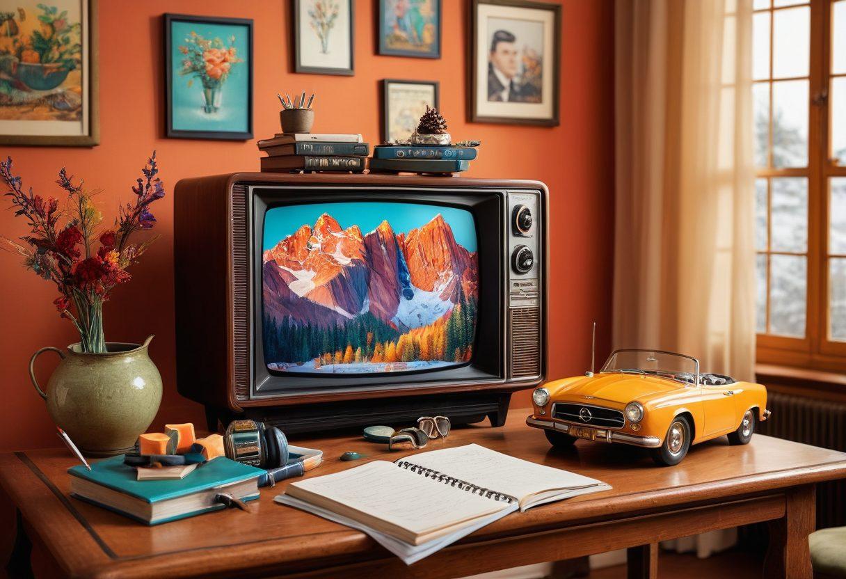 An engaging collage depicting exciting scenes from various popular TV series, featuring colorful characters and dramatic moments. Include a large vintage TV set displaying a vibrant episode review chart, along with a notebook and pen for dual note-taking enjoyment. Background filled with streaming icons and applause, celebrating recent episodes. super-realistic. vibrant colors. 3D.