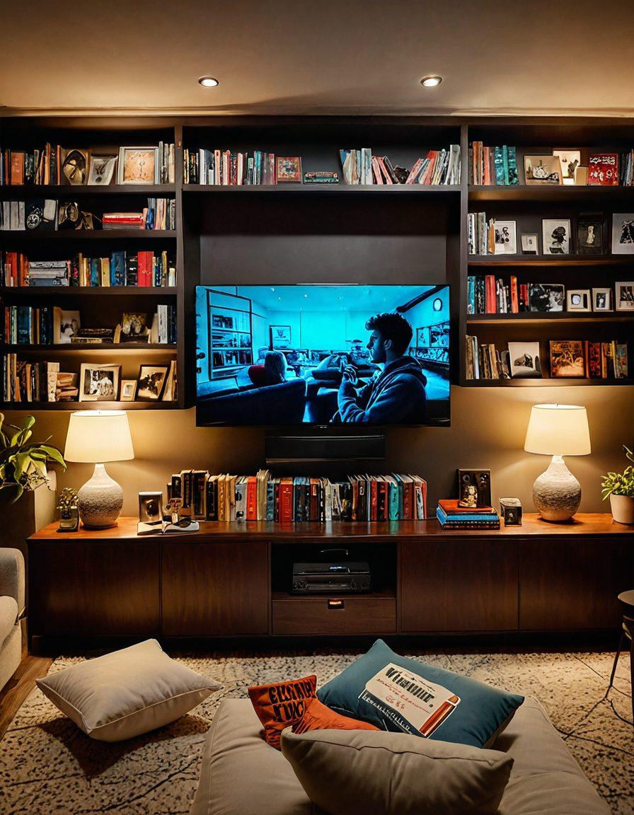 A cozy living room scene featuring a person lounging on a plush couch, surrounded by a large TV displaying various streaming service logos. There are snacks, blankets, and a warm ambiance enhanced by soft lighting. Showcase a bookshelf filled with DVDs and books about film and TV, creating an inviting binge-watching atmosphere. Include elements like popcorn, a drink, and a pet curled up nearby for a heartwarming touch. super-realistic. vibrant colors. cozy atmosphere.